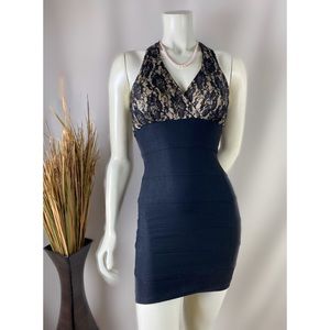 Windsor | Black Sleeveless Overlay Gold Black Lace Bandage Mini Wrap Dress Sz. 3